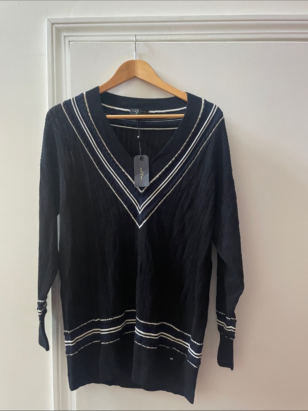 rag & bone Black V-Neck Sweater with Cream Trim
